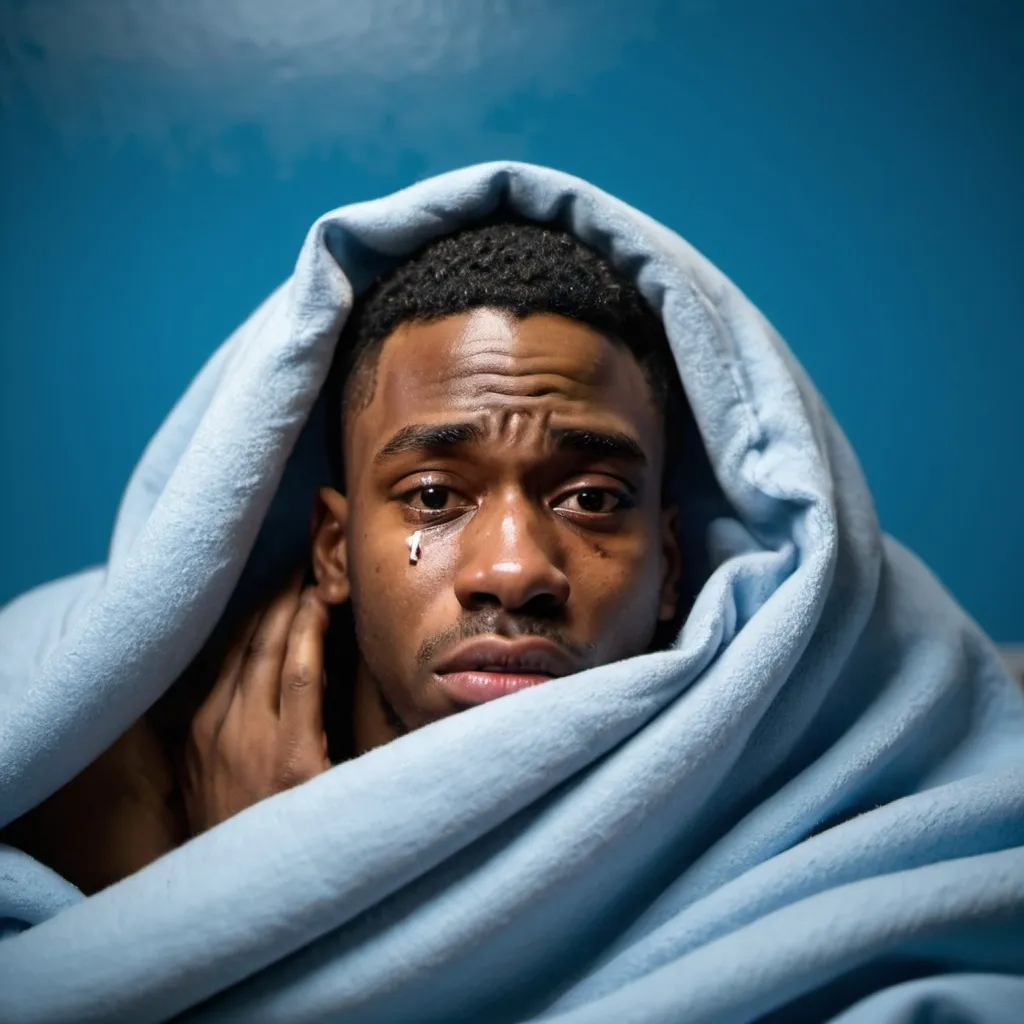 Prompt: Image of black man young early 20s laying down crying in a blue room under a blanket with litter gloomy stuck