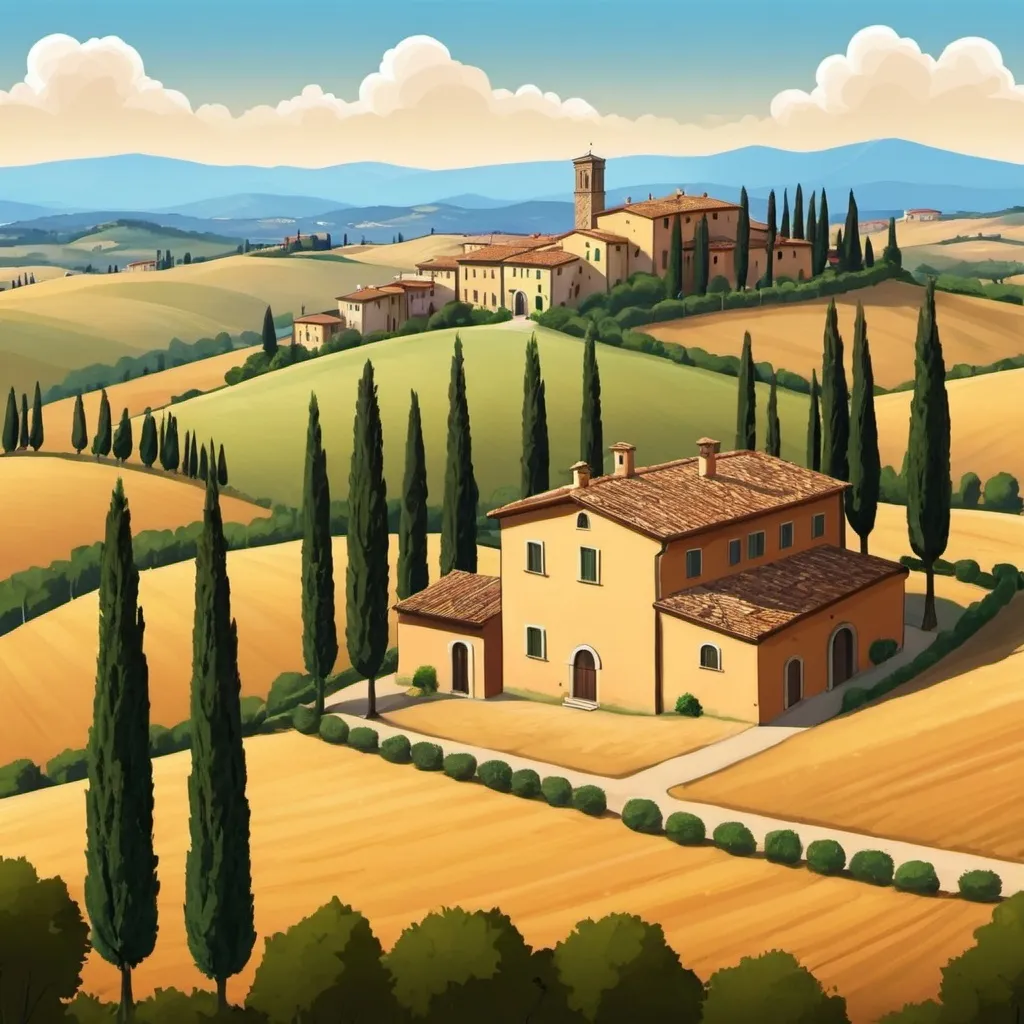 Prompt: Create a cartoon image of tuscany