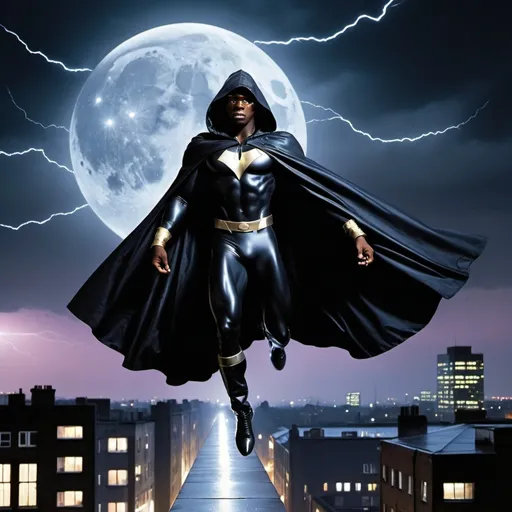 Prompt: flying, space time, gliding, gust of wind, strong wind, flying, electricity, lightening, 1980s, united kingdom northern city, night, super hero, black man, roof top, moody, moon light, rain, cloak, wind, stealth, long cape, float, breeze, fly, flight, vigilante, skyline, levitating, power, synthwave,