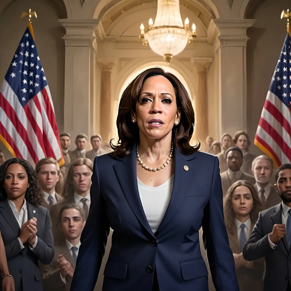 Prompt: Kamala Harris as Liberty Leading White Americans and Minorities