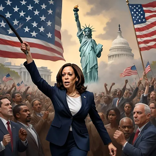 Prompt: White Americans and minorities led by Kamala Harris as Liberty Leading the People