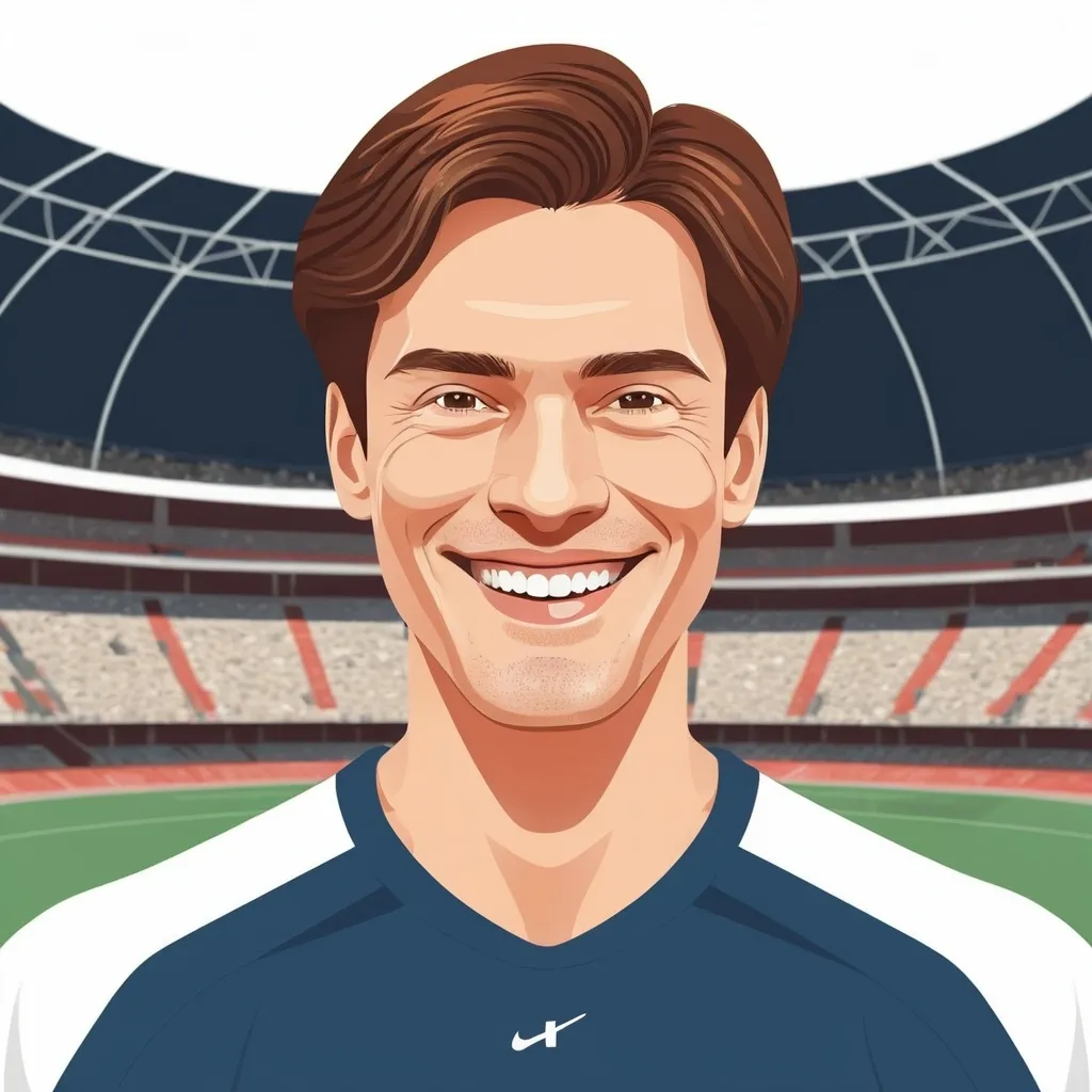 Prompt: Sports themed vector image of a man square face shape medium shot brown hair wearing sportswear at the stadium smiling style: colorful clean lines