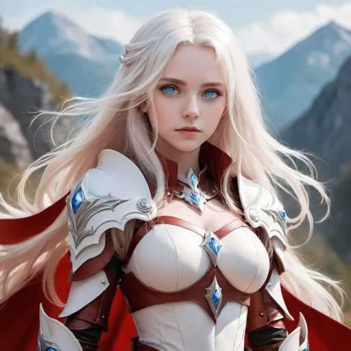 Prompt: Beautiful girl, blue eyes, white long hair, light blush, mountain background, Mage, magic, red leather battle armor,