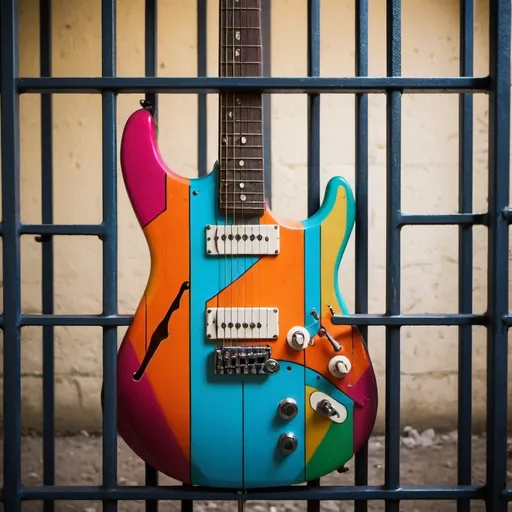 Prompt: a colorful electric guitar behind prison bars