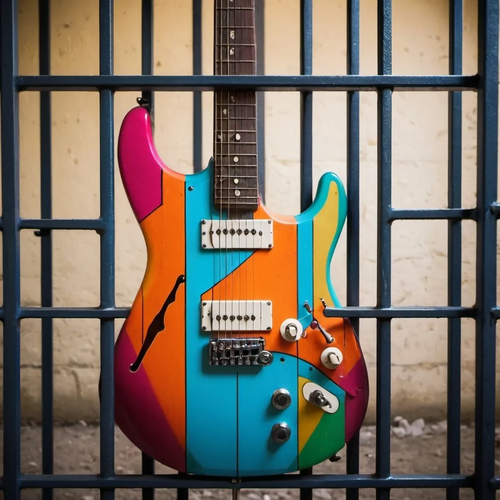 Prompt: a colorful electric guitar behind prison bars