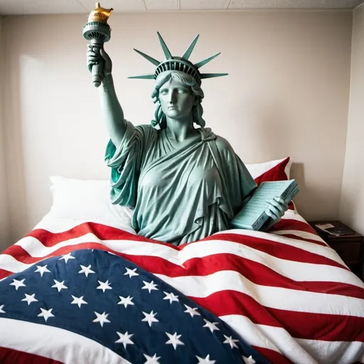 Prompt: the statue of liberty laying down in a bed with the american flag covering like a blanket
