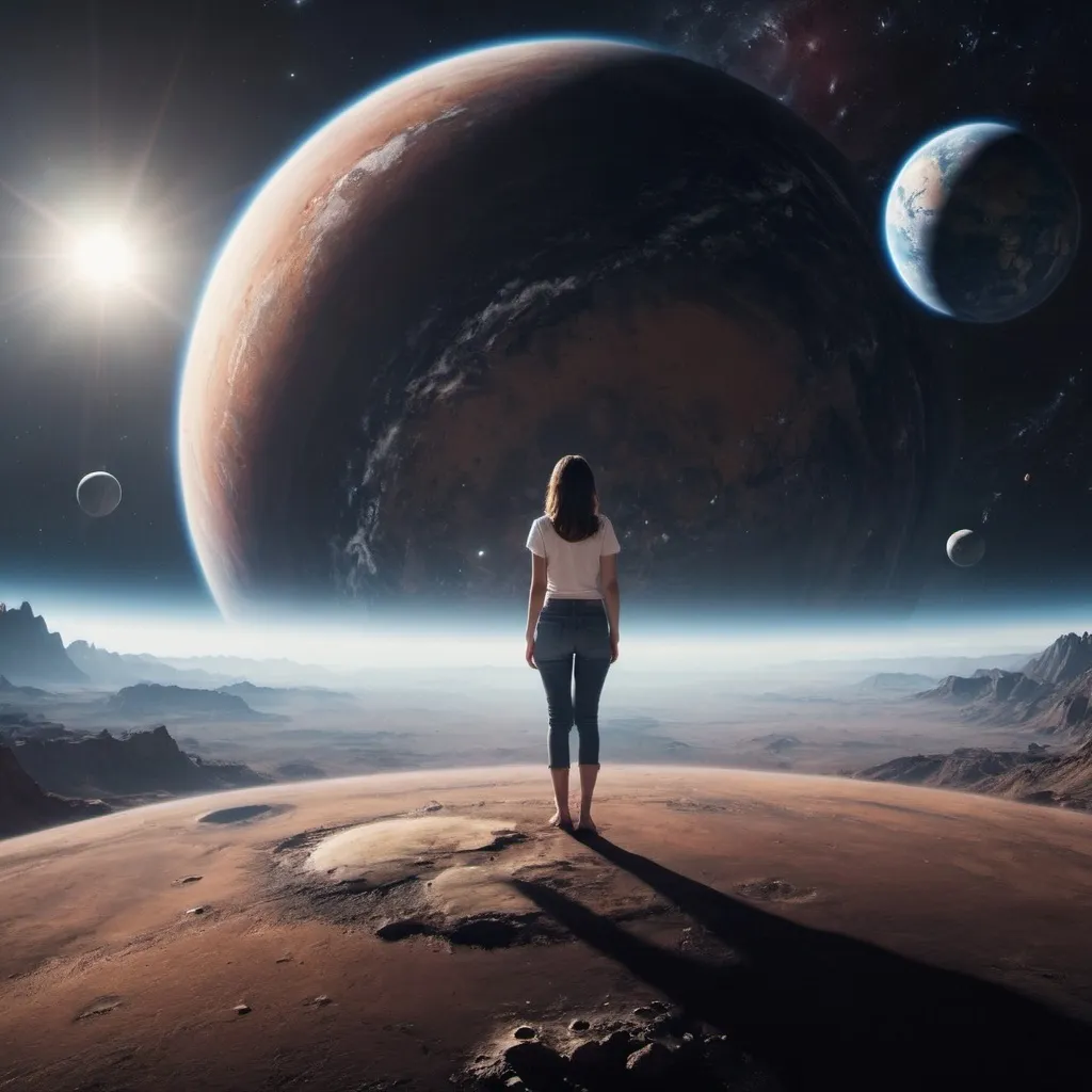 Prompt: My wife standing on a planet in space