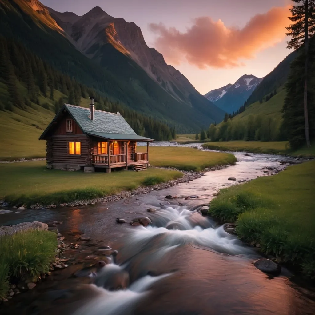 Prompt: A small cabin in the mountains with a river at sunset