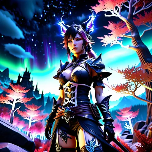 Prompt: Final Fantasy 14 Miqo'te female, (dark ninja clothes), intricate tattoos, vibrant fantasy background, stunning aurora borealis in the night sky, ethereal glowing forest, ultra-detailed, high depth cinematic masterpiece, dramatic lighting with strong highlights and deep shadows, mystical atmosphere, vibrant colors with cool tones, highly detailed environment, 4k, HD.