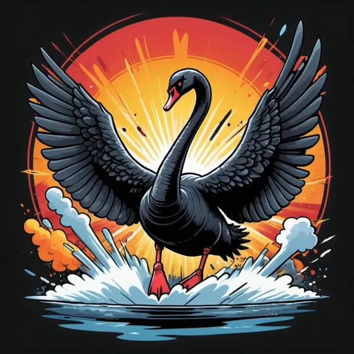 Prompt: (cartoon T-shirt design of an aggressive looking black swan, wearing a packed parachute rig, being fired out of an artillery cannon), vibrant colors, dynamic action pose, intense facial expression on the swan, exaggeration in proportions, bold outlines, energetic atmosphere, action-packed scene, thrilling and adventurous mood, clear and stylish background with an urban battlefield setting, 4K ultra-detailed, HD quality.