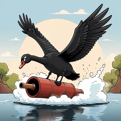 Prompt: Cartoon art of a black swan flying out of a cannon