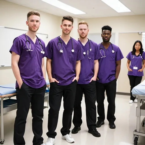 Prompt: group of male 
student Nurses wearing purple top black pants white shoes with stethoscope in simulation
classroom  


