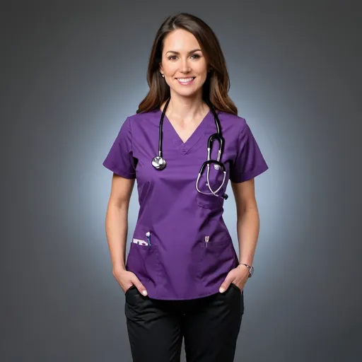 Prompt: nurse in purple top black pants white shoes and holding a stethoscope with Saint Mary's of California logo
