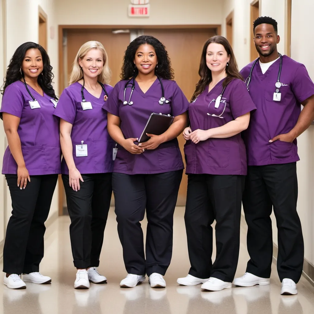 Prompt: create a group of diverse nurses including men dress
 in purple top black pants white shoes and holding a stethoscope with Saint Mary's of California logo
