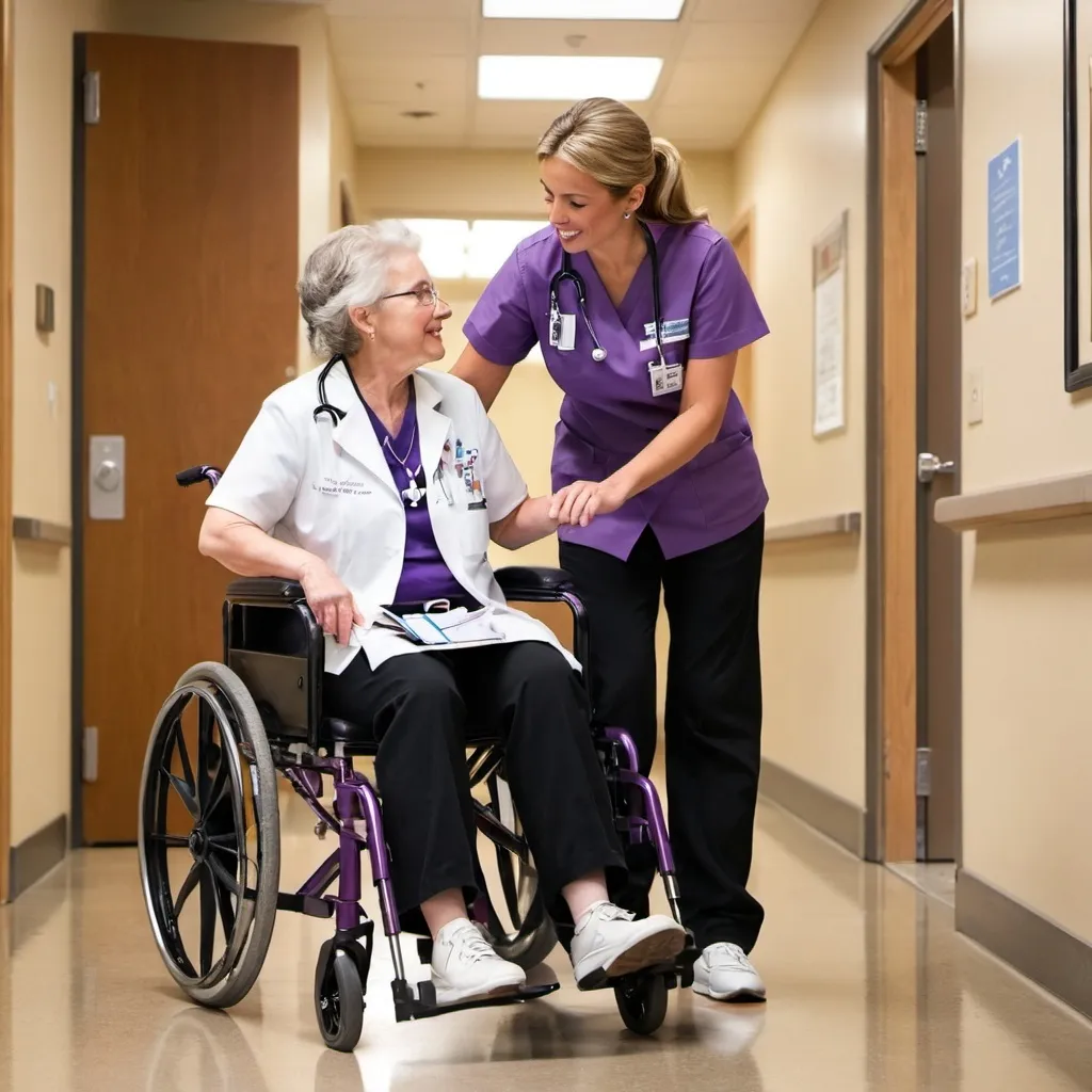 Prompt: Nurse
 in purple top black pants white shoes and  with Saint Mary's of California logo pushing a diverse patient in a wheel chair

