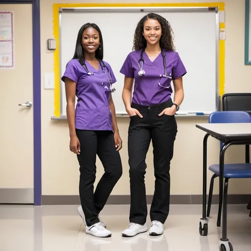 Prompt: student Nurse wearing purple top black pants white shoes with stethoscope in classroom
