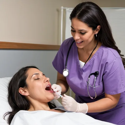 Prompt: Hispanic Nurse
 in purple top black pants white shoes  taking oral temperature of patient wearing patient gown in bed







