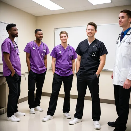 Prompt: group of male 
student Nurses wearing purple top black pants white shoes with stethoscope in simulation
classroom  


