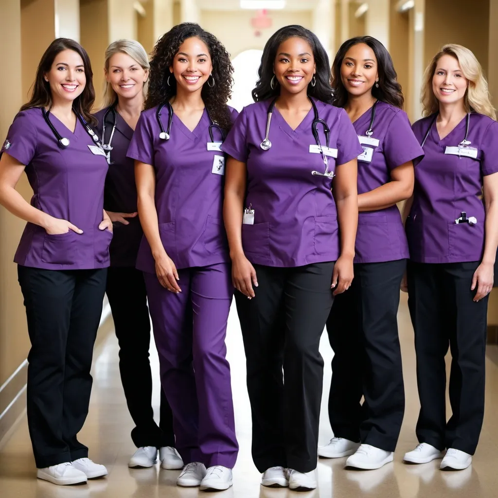 Prompt: create a group of diverse nurses
 in purple top black pants white shoes and holding a stethoscope with Saint Mary's of California logo
