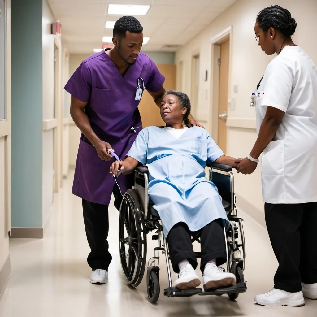 Prompt: Black male 
Nurse
 in purple top black pants white shoes  pushing a  patient in a wheel chair wearing a patient gown


