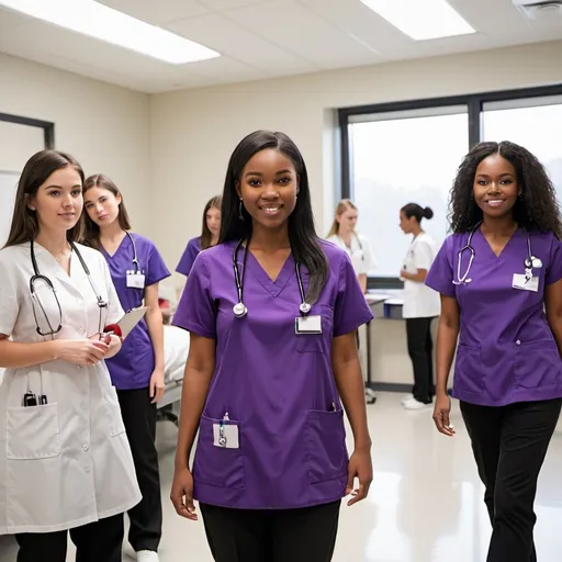 Prompt: group of student Nurses wearing purple top black pants white shoes with stethoscope in simulation
classroom  


