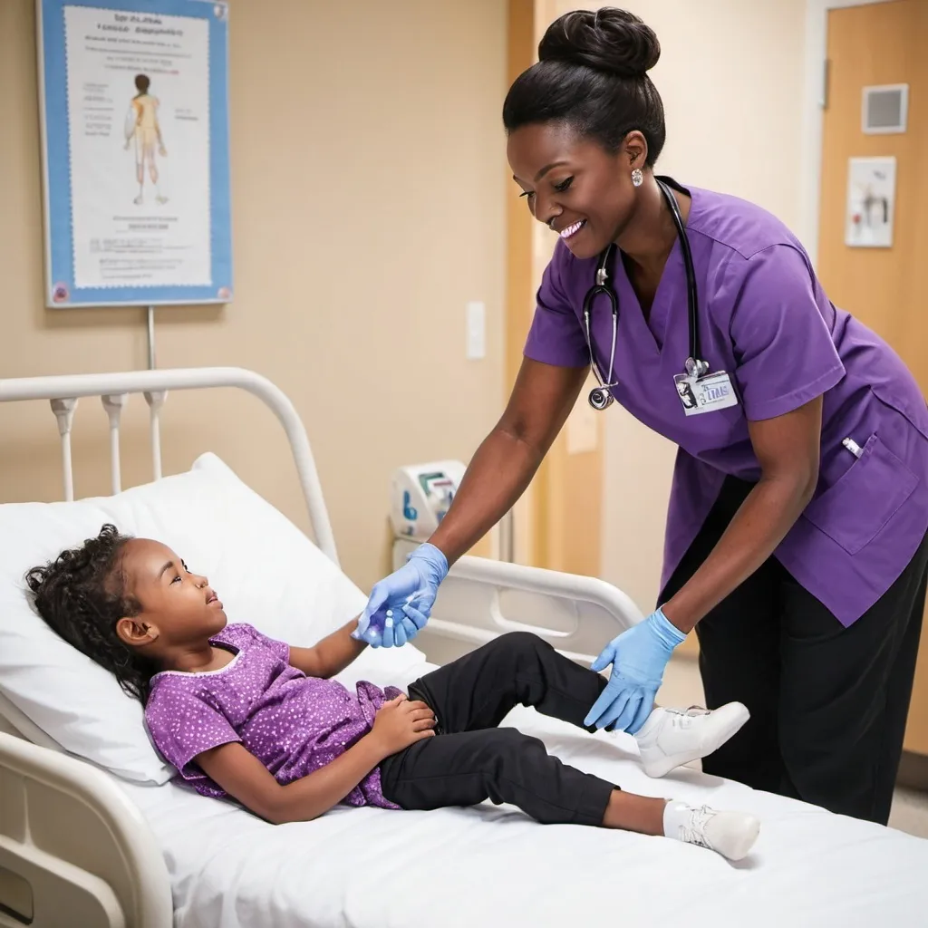 Prompt: Black  Nurse
 in purple top black pants white shoes  helping a pediatric  patient in a bed



