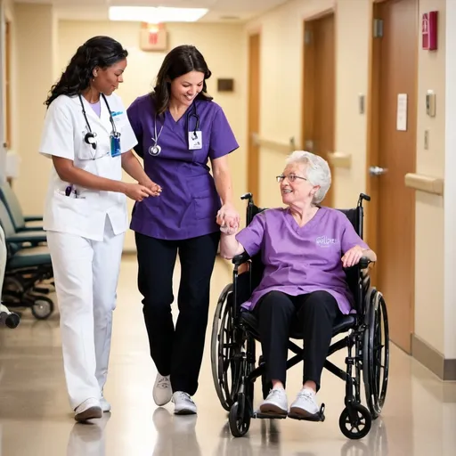 Prompt: Nurse
 in purple top black pants white shoes and  with Saint Mary's of California logo pushing a diverse patient in a wheel chair

