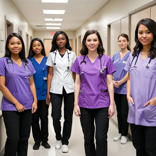 Prompt: group of student Nurses wearing purple top black pants white shoes with stethoscope in simulation
classroom  


