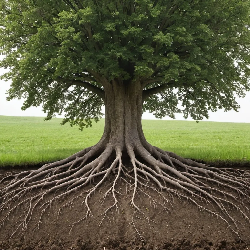 Prompt: Tree in a field with roots spreading out under the ground signifies root acres 