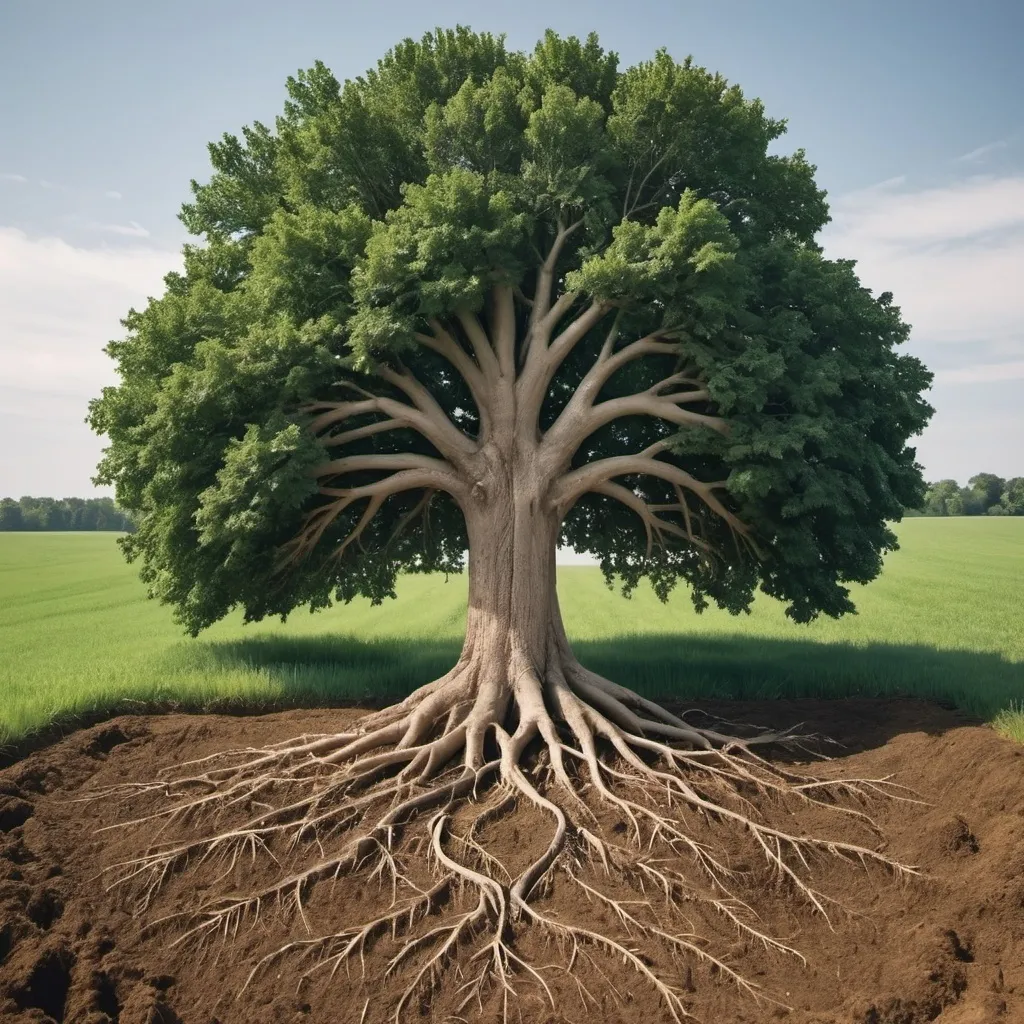 Prompt: Tree in a field with roots spreading out under the ground in the center of roots form a cross signifies root acres 