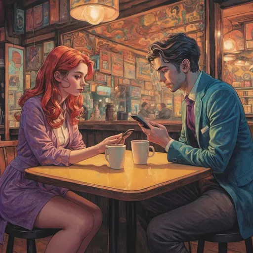 Prompt: (psychedelic colors, heavy brushstroke, comic book illustration, belle epoque fantasy) two people staring at their cell phone. facing backs apart, trying to find each other at a coffee shop