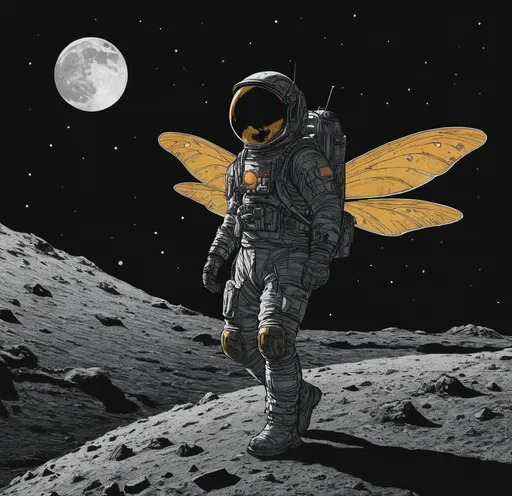 Prompt: ((black background)), (graphic novel illustration, multi color) firefly on moon