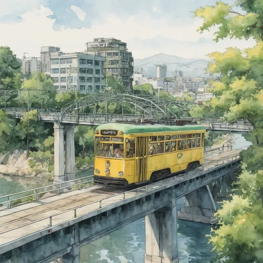 Prompt: comic book illustration, full color, thick watercolor), (a two-tone, dull green on top and yellow on bottom, Hiroshima streetcar) over a the Aioi bridge, with Hiroshima peace park in the background,  a beautiful summer day