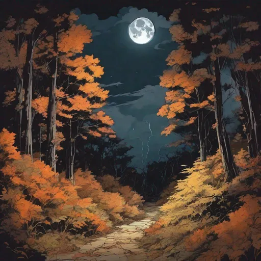 Prompt: hyper realistic, hard shadows, hard lines, vector, detailed, 70s anime style, thick overgrown forest, at night with thunder clouds, ((small)) waxing moon to the right, autumn colors, autumn foliage