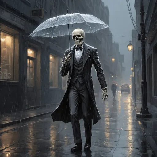 Prompt: (graphic novel, comicbook, illustration) well dressed skeleton, walking in the rain, down a light up street