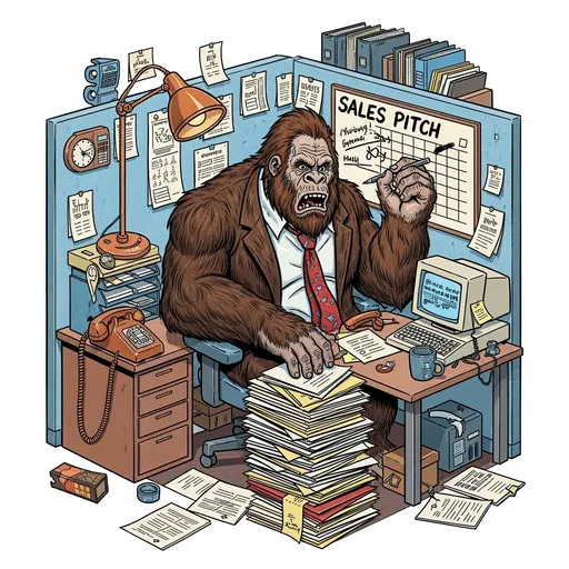 Prompt: (1980s illustration, comic book, vector, 4k, hyper-detail, meticulous detail ) bigfoot overworked in a sales office