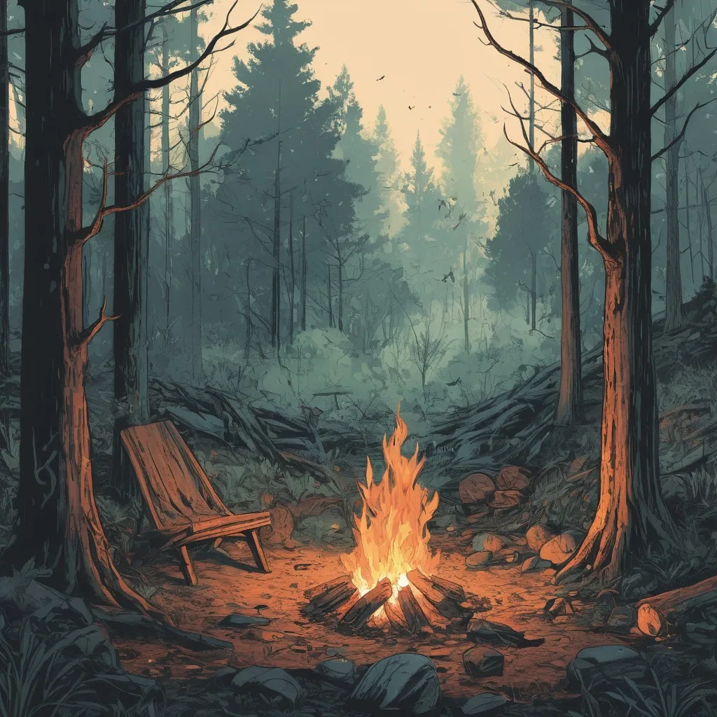 Prompt: (((oil paint, graphic novel, manga, hard vector, meticulous detail, hard vector, thick line, illustration)))  campfire in a forest during spring