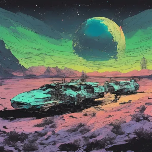 Prompt: (graphic novel, comic book, retro futuristic llustration) a double moon rising, over a black sand desert, at night, colors of dark blue and neon green, a landed spacship in the background