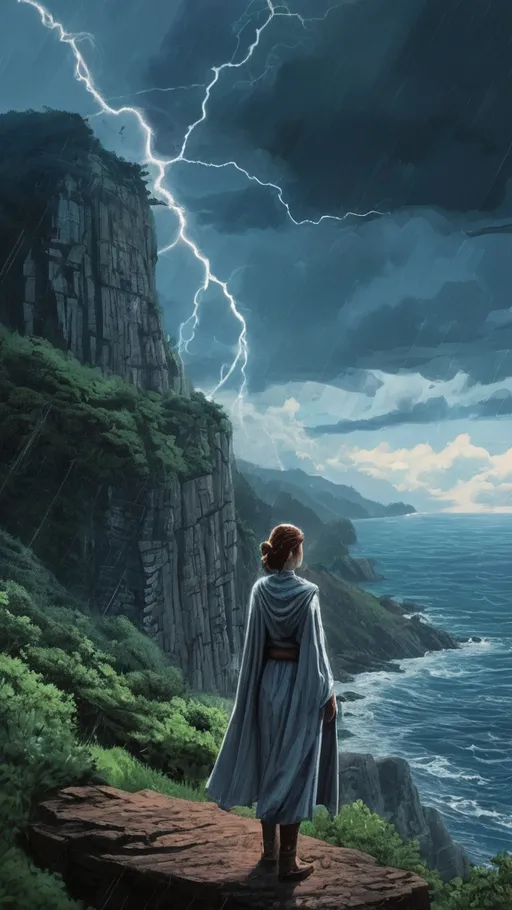 Prompt: (fantasy illustration, thick ink lines, vector graphic novel fantasy, meticulously detailed oil painting, cinematic composition, hard vector, thick line ) a wide shot of a female jedi in the distance. deep blue sky with thunderclouds and lightning, rain. lush vegetation.  a cliff overlooking the ocean.  