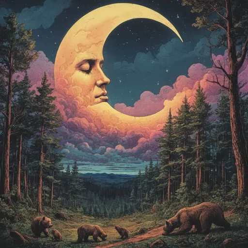 Prompt: (1970s, vintage drawing, psychedelic colors, ultra detail, 4k) moon with thunderclouds, during sunset, in a wooded area, bears sleeping