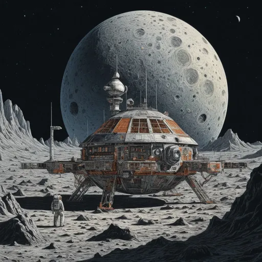 Prompt: (1980 drawing, psychedelic colors, ultra detail, 4k, graphic novel illustration) space station on the moon