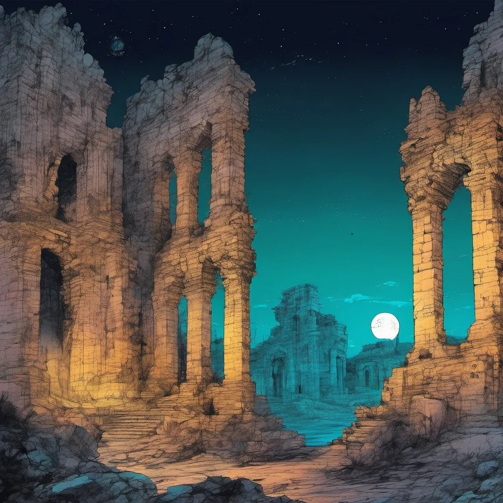 Prompt: (ancient ruins at night) ((manga illustration, gustave dore)), meticulous detail, rich, deep color