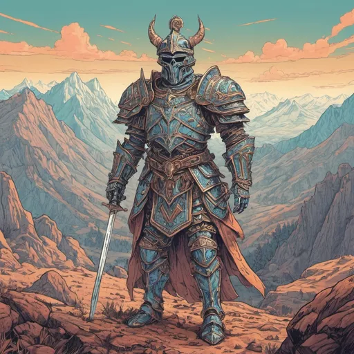Prompt: (psychedelic colors, comic book illustration, hard vector, thick line) a skeletan wearing ancient knight armor, wandering in the mountains 