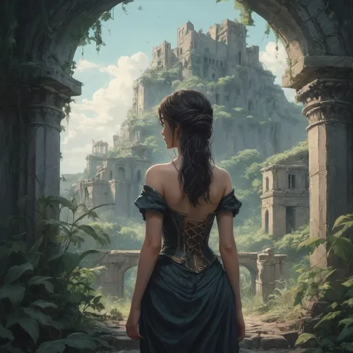 Prompt: (dark colors, heavy brushstroke, comic book illustration, belle epoque fantasy anime) a woman in the distance with her back turned, a ancient ruins covered in overgrowth 