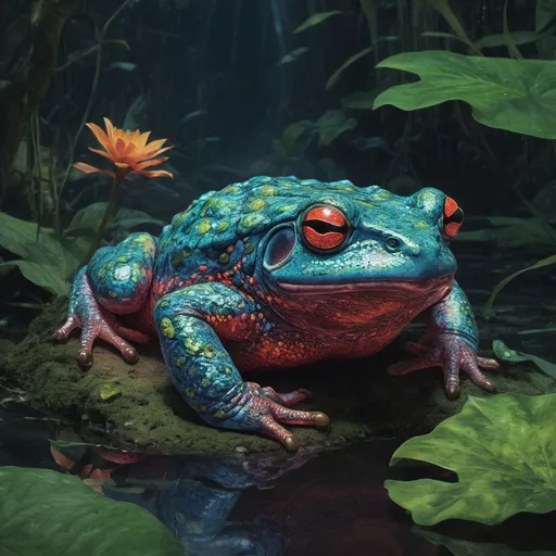 Prompt: (1980 drawing, bright psychedelic colors, ultra detail, 4k, graphic novel illustration) neon colored poison toad,sleeping underwater in a jungle pond