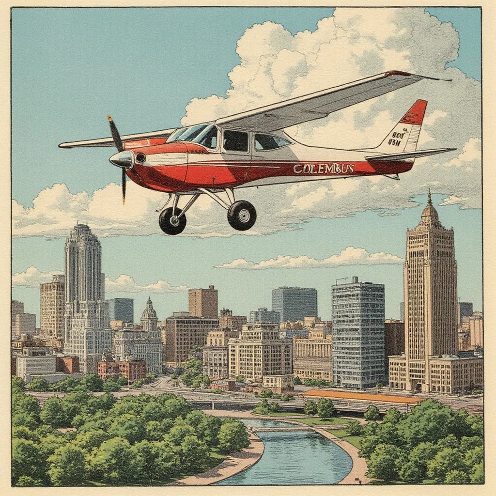 Prompt: 1964 comic book illustration, the "Spirit of Columbus" red and white Cessna, flying over Columbus, Ohio