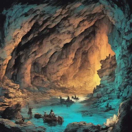 Prompt: (ancient cave background at night) ((manga illustration, gustave dore)), meticulous detail, rich, deep color