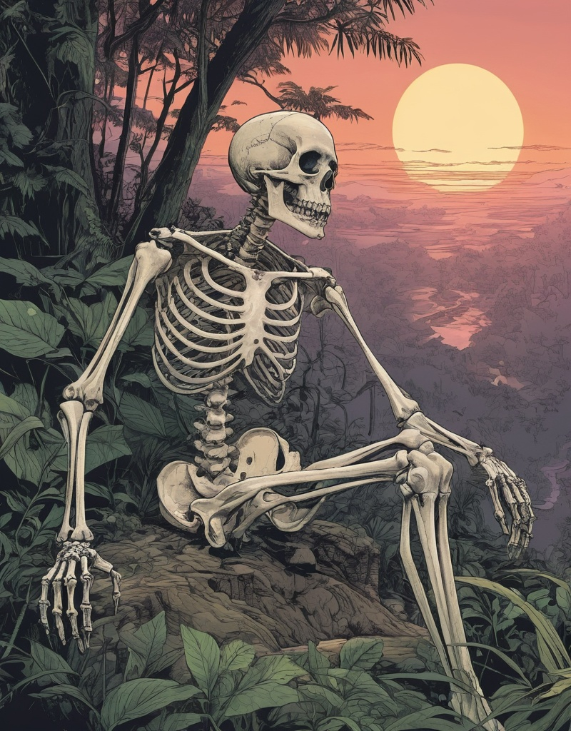 Prompt: (jungle pastel colors:3) graphic novel, thick line, hard vector, dense jungle (with a hidden temple), at sunset a skeleton sitting