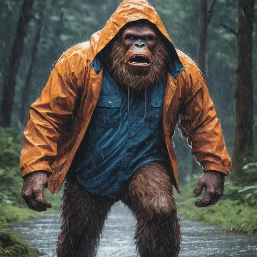 Prompt: (1980 manga illustration, graphic novel, bright psychedelic colors, ultra detail, 4k, graphic novel illustration) bigfoot wearing a rainjacket playing in the rain