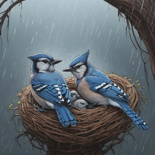 Prompt: (muted psychedelic colors, graphic novel book illustration), hard vector, thick line) blue jays sleeping in a nest during spring rain